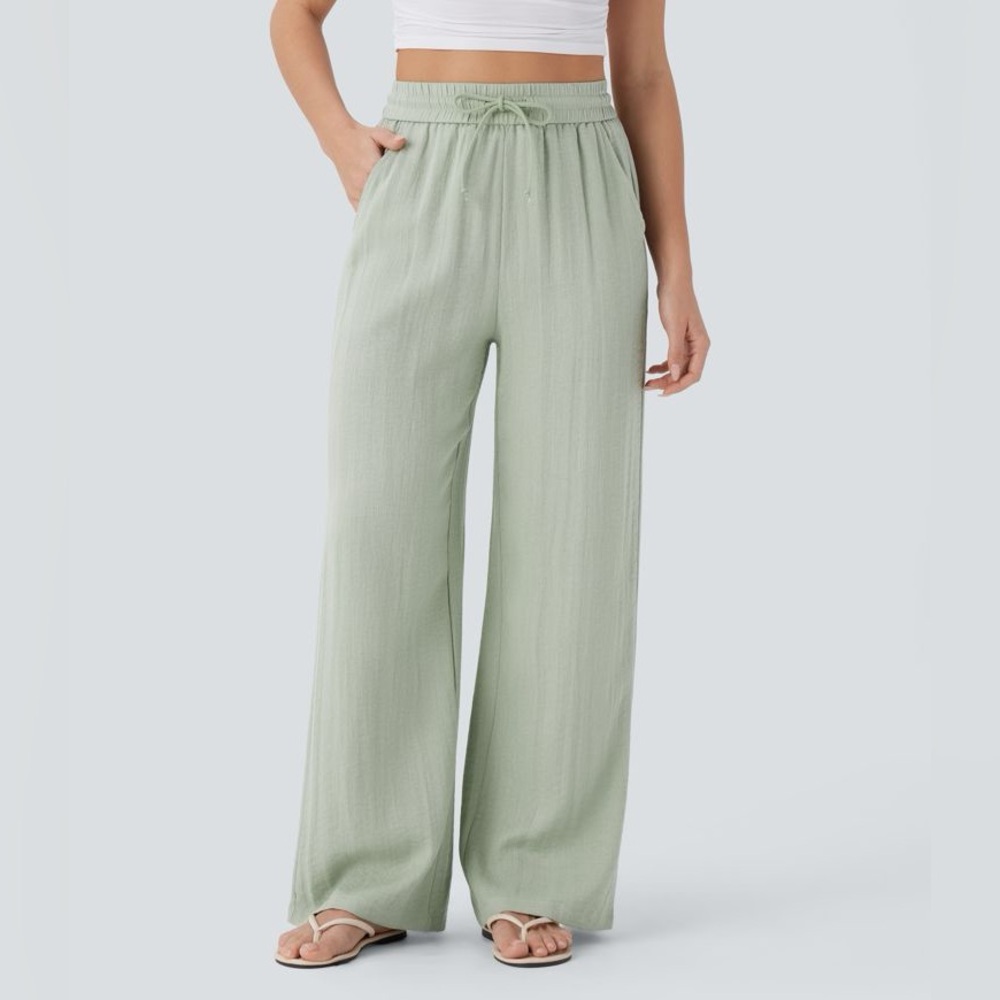 HALARA Linen -Feel Drawstring High Waist Wide-Leg Pale Mint Pants Women’s XS - Picture 2 of 9